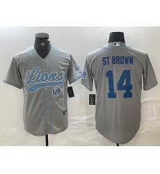 Men Detroit Lions 14 Amon Ra St  Brown Grey Cool Base Stitched Baseball Jersey 3
