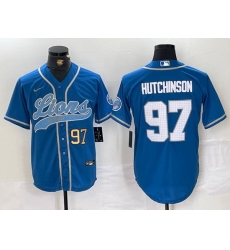 Men Detroit Lions 97 Aidan Hutchinson Blue Cool Base Stitched Baseball Jersey 1