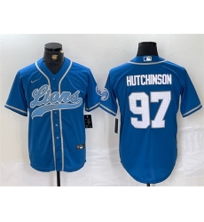 Men Detroit Lions 97 Aidan Hutchinson Blue Cool Base Stitched Baseball Jersey