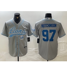 Men Detroit Lions 97 Aidan Hutchinson Grey Cool Base Stitched Baseball Jersey 2