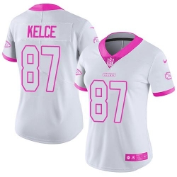 Nike Chiefs #87 Travis Kelce White Pink Womens Stitched NFL Limited Rush Fashion Jersey