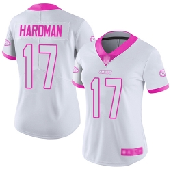 Women Chiefs 17 Mecole Hardman White Pink Stitched Football Limited Rush Fashion Jersey