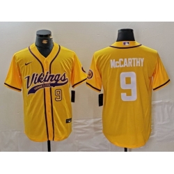 Men Minnesota Vikings 9 J J  McCarthy Yellow Cool Base Stitched Baseball Jersey