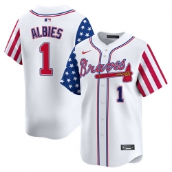 Men Atlanta Braves 1 Ozzie Albies White 2024 Independence Day Vapor Limited Stitched Baseball Jersey