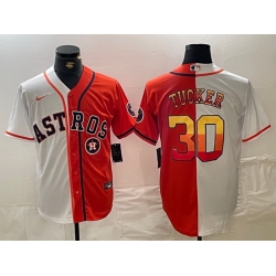 Men Houston Astros 30 Kyle Tucker White Orange Split With Patch Cool Base Stitched Baseball Jersey 1