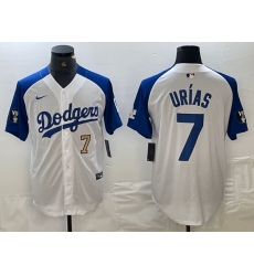 Men Los Angeles Dodgers 7 Julio Urias White Blue Vin Patch Cool Base Stitched Baseball Jersey 4