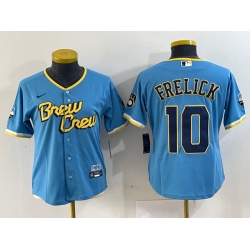 Women Milwaukee Brewers 10 Sal Frelick Powder Blue City Connect Cool Base Stitched Jersey
