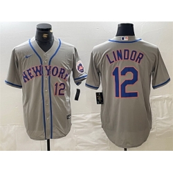 Men New York Mets 12 Francisco Lindor Grey Stitched Baseball Jersey
