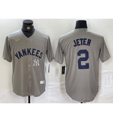 Men New York Yankees 2 Derek Jeter Grey Cool Base Stitched Baseball Jersey 1