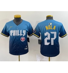 Youth Philadelphia Phillies 27 Aaron Nola Blue 2024 City Connect Limited Stitched Baseball Jersey 4