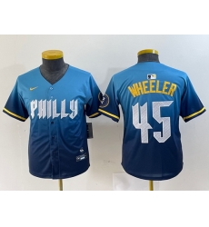 Youth  Philadelphia Phillies 45 Zack Wheeler Blue 2024 City Connect Limited Stitched Baseball Jersey 6