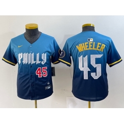 Youth  Philadelphia Phillies 45 Zack Wheeler Blue 2024 City Connect Limited Stitched Baseball Jersey