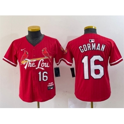 Youth St  Louis Cardinals 16 Nolan Gorman Red 2024 City Connect Limited Stitched Baseball Jersey
