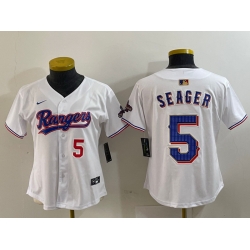 Women Texas Rangers 5 Corey Seager White Gold Stitched Baseball Jersey 3