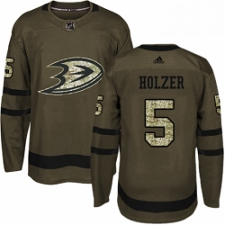 Mens Adidas Anaheim Ducks 5 Korbinian Holzer Authentic Green Salute to Service NHL Jersey 