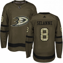 Mens Adidas Anaheim Ducks 8 Teemu Selanne Authentic Green Salute to Service NHL Jersey 