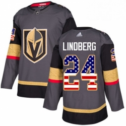 Mens Adidas Vegas Golden Knights 24 Oscar Lindberg Authentic Gray USA Flag Fashion NHL Jersey 