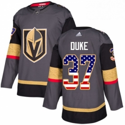 Mens Adidas Vegas Golden Knights 37 Reid Duke Authentic Gray USA Flag Fashion NHL Jersey 