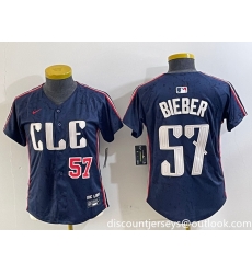 Women Cleveland Guardians 57 Shane Bieber Navy 2024 City Connect Limited Stitched Baseball Jersey 1