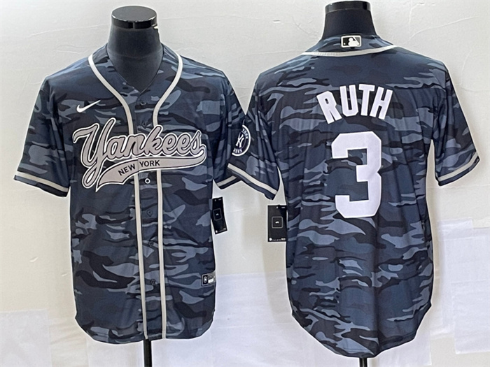 Men New York Yankees 3 Babe Ruth Gray Camo With Patch Cool Base 